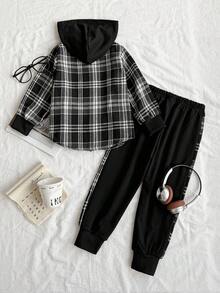 SHEIN 2 件套男童格子连帽夹克和运动裤套装，春秋季幼儿格子男童格子夹克 - 黑色 - 查看 2