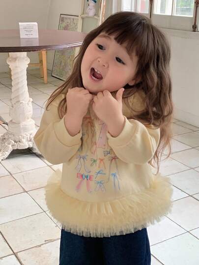 DAZY Toddler Girls' Round Neck Mesh Patchwork Korean Style Bow Print Long Sleeve Sweatshirt, Autumn/Winter