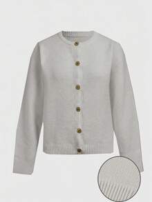 SHEIN BASICS Áo khoác cardigan dệt kim tay dài cổ tròn trễ vai màu trơn cài nút phía trước cho nữ, trang phục thường ngày đa năng cho mùa hè/thu/đông - Nhiều màu - Xem 5