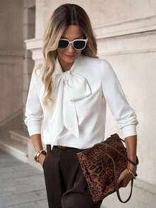 Solivie 秋季女士白色系带领打底衬衫，百搭休闲优雅基础款，适合女士感恩节穿着，白色上衣休闲春夏办公着装：优雅正式通勤；教师着装。百搭休闲衬衫，宽松优雅女士上衣 - 白色 - 查看 5