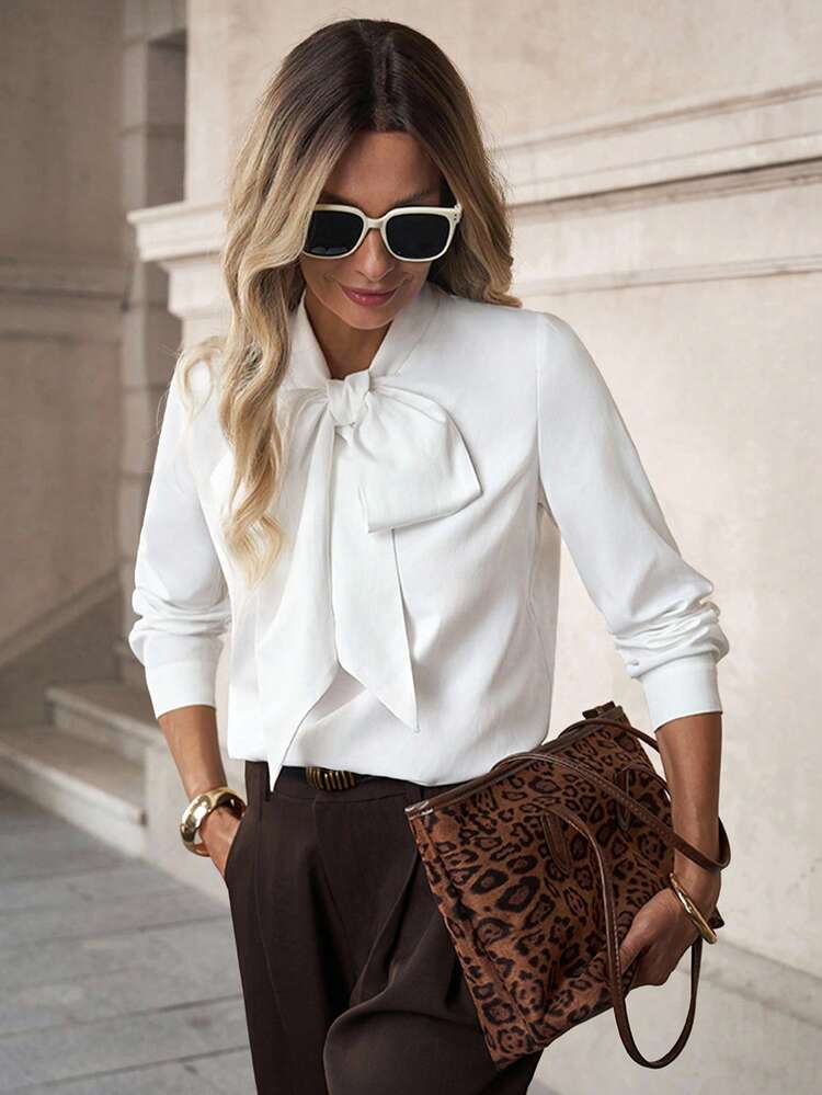 Solivie 秋季女士白色系带领打底衬衫，百搭休闲优雅基础款，适合女士感恩节穿着，白色上衣休闲春夏办公着装：优雅正式通勤；教师着装。百搭休闲衬衫，宽松优雅女士上衣 - 白色 - 查看 4