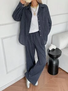 DAZY Women's Casual Striped Loose Shirt And Pants 2 Pieces Set, Autumn Lounge Sets For Women - Navy Blue - View 4
