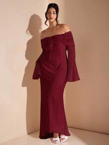 SHEIN BAE 女士优雅露肩白色蕾丝长袖超长美人鱼裙，适合婚礼、派对、伴娘服、白色毕业礼服 - 酒紅色 - 查看 3