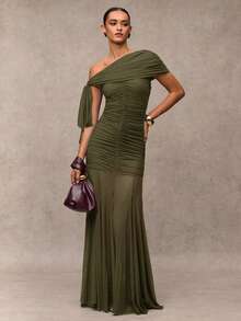 SHEIN BAE Women's Elegant Ruched Asymmetric Dress, Summer ,Wedding Guest Dress Women,Valentine's Day,Valentine Outfits For Women