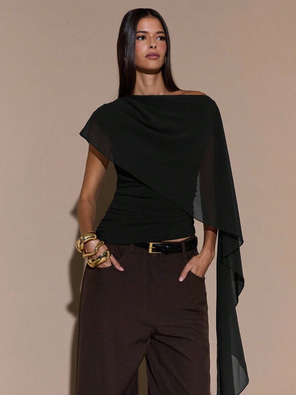 SHEIN BAE Blusa de punto con cuello anudado y hombro asimétrico, suéter elegante y ajustado, otoño/invierno