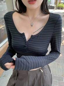 DAZY Women Casual Stripe Fitted Half-Zip Collar Long Sleeve T-Shirt,Fall Clothes