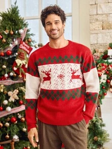 Manfinity BRENVOR Men's Christmas Element Pattern Crew Neck Long Sleeve Pullover Sweater, Loose Fit Knitted Jumper, For Fall Winter, New Year Glamour - Multicolor - View 4