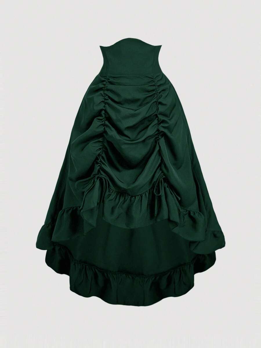 SHEIN MOD Rok Hijau Tua Berpinggang Tinggi Ukuran Besar, Gaun Formal Elegan Musim Gugur dengan Hem Asimetris, Bagian Depan Berlipit, Hem Berumbai yang Dapat Diatur, Desain Bolak-balik, Gaun Retro Vintage - Dark Green - View 1