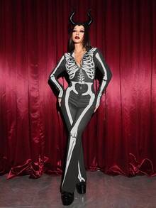EgrlEra 万圣节骷髅印花前拉链立领长袖连体裤 - 灰色 - 查看 6