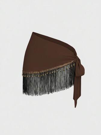 Falda de cobertura con estampado de paisley, dobladillo con cordón, transparente y con flecos con cuentas, estilo retro hippie y western para festivales de música, para mujer