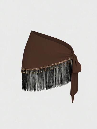 ROMWE Falda de cobertura con estampado de paisley, dobladillo con cordón, transparente y con flecos con cuentas, estilo retro hippie y western para festivales de música, para mujer