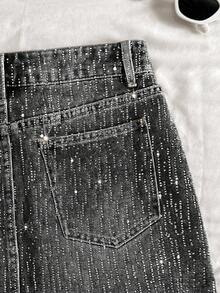 Comfortcana Dammode, mångsidig, strassutsmyckad denimminikjol med fickor - Svart - Visa 5