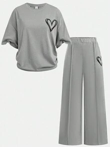 SHEIN Girlism 青少年女孩两件套休闲装 - 宽松圆领针织上衣，带有图案印花和宽松短裤，适合日常穿着、返校、假期、家庭户外活动、春季野餐等 - 淺灰色 - 查看 13