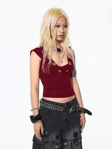 StreetHx 街头服饰女式夏季孔眼装饰无袖连帽背心 - 酒紅色 - 查看 3