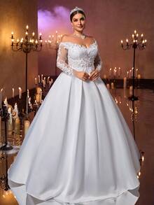 Aureia فستان طويل الأكمام شفاف أنيق فاخر بلون بيج مع تطريز من اللؤلؤ والكريستال، قطع من الشبك والساتان، ذيل سمكة، مناسب للزفاف والحفلات والعطلات