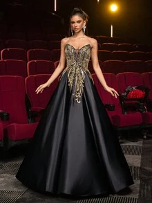 Glamrae Váy maxi satin đính cườm và sequin sang trọng, thanh lịch, họa tiết hoa chắp vá, gợi cảm với viền bèo nhún quá khổ, thích hợp cho đám cưới, tiệc tùng, kỳ nghỉ, dạ hội, váy dạ hội (đính cườm nhiều họa tiết) - màu đen - Xem 7