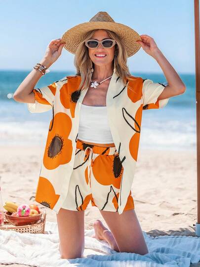 Sylviya Summer Women's Vintage Leopard Print Kimono Style Shirt & Shorts Casual Vacation Beach Two-Piece Set,Casual Women Leopard Emery Rose   Shirts Leopard Pants ,