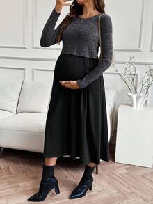 SHEIN Đầm cho con bú cổ tròn tay dài màu tương phản dành cho bà bầu - màu đen - Xem 5