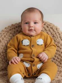 Cozy Pixies Baby Girl Cartoon Sheep Pattern Long Sleeve Romper & Pants, Comfortable & Versatile In Fall/Winter - Yellow - View 3