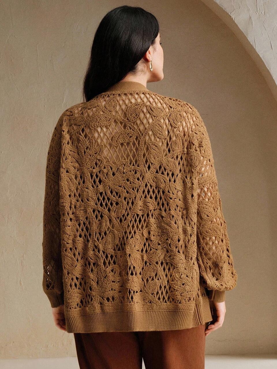 Women's Brown Crochet Hollow Floral Pattern Loose Cover Up,Mid-Length Elegant Chic Stylish Everyday Cardigan For Autumn Winter New Year & Christmas