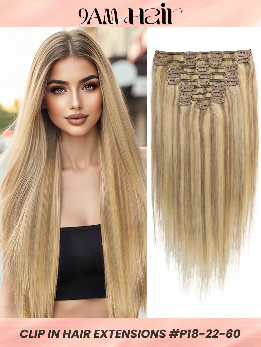 Clip In Hair Extensions Real Human Hair 9PCS 120g Clip Ins Human Hair Extensions 14-16 Inches Straight Clip In Extensions Remy Human Hair For Women Highlight Blonde #P18/22/60 - S18/22/60 - View 1