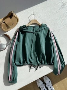 Comfortcana Áo khoác trùm đầu có mũ trùm đầu bằng vải sọc vá ruy băng cỡ lớn dành cho nữ, mùa thu - màu xanh lá - Xem 3