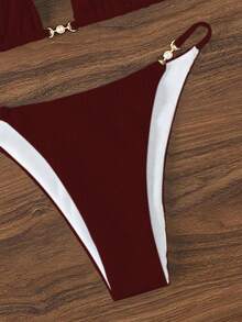 SHEIN Swim Women's Beach Holiday Tie Front Red Bikini Set For Summer Beach Vacation - Burgundy - View 4
