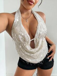 SHEIN EZwear بلوزة نسائية كبيرة الحجم بتصميم جذاب بدون ظهر مزينة بالترتر - بيج - مشاهدة 1