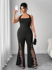 Elenzga Plus Size Women's Backless Spaghetti Strap Slit 3D Floral Elegant Knitted Jumpsuit, Suitable For Autumn Back To School, Graduation, Holidays, Valentine's Day, Christmas, Music Festivals, Mother's Day, Halloween, Thanksgiving, Easter, National Day, Dances, Dates, Parties, Weddings, Outdoor Activities - Black - View 4