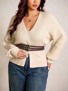 Elaquor Plus Size V-Neck Cinched Waist Cardigan, New Autumn/Winter Design Office Old Money Fall/Winter - Apricot - View 3