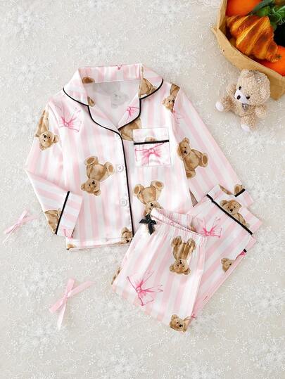 SHEIN Conjunto de ropa informal de cardigan de manga larga y pantalones con estampado a rayas de oso con moño rosa y ribete de seda sintética de contraste para niñas bebé