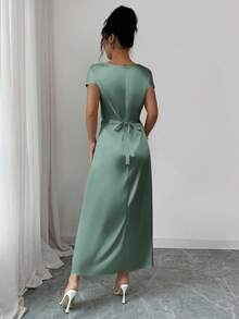 Rafferiza Women's Elegant Date/Commute Turtleneck Tie-Up Satin Short Sleeve Dress - Green - View 2