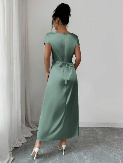 Rafferiza Women's Elegant Date/Commute Turtleneck Tie-Up Satin Short Sleeve Dress