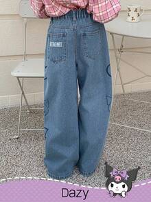 DAZY HELLO KITTY AND FRIENDS | SHEIN Tween 女童休闲心形和卡通图案斜口袋牛仔裤 - 藍色 - 查看 2