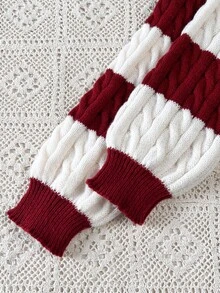 SHEIN 女童条纹拼色麻花针织 V 领灯笼袖超大套头衫，适合秋冬外出 - 彩色 - 查看 7