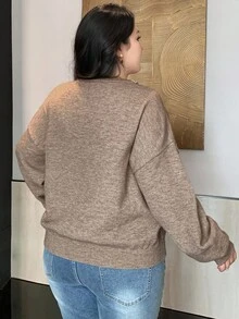 Dazy Plus V-Neck Patchwork Loose Casual Plus Size Women Pullover Sweater, Autumn/Winter School - Khaki - View 2