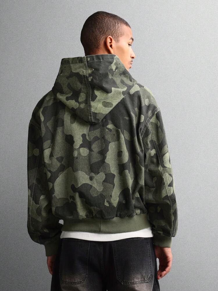 Camouflage Hooded Denim Jacket With Zip Closure