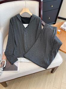 Franclia 2 件套休闲通勤连帽长袖上衣和宽松长裤撞色装饰纽扣基本针织女套装，灰色，秋冬 - 深灰色 - 查看 3