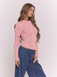 MUSERA Asymmetric Button Down Long Sleeve Stripe Ribbed Crew Neck Top Old Money Cute Country Cottage Core Casual Lounge For Women Butterscotch  ,Elegant Festive, Holidays Spring Summer - Pink - View 4