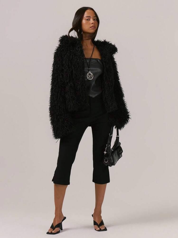 MUSERA 오버사이즈 루즈핏 폴드오버 칼라 퍼 코트 고급스러운 섹시 귀여운 밤 외출 휴가 겨울 아우터웨어 9월 발렌타인 데이 - 블랙 - 보기 4