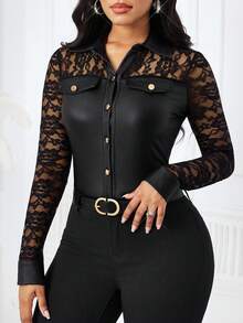 SHEIN Lady Áo thun nữ tay dài cài nút ren tương phản bằng da PU có túi nắp - màu đen - Xem 4