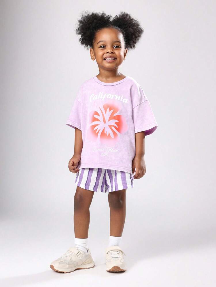 Oversized T Shirt And Striped Shorts With Palm Print