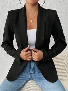 SHEIN Tall Versatile Fitted Black Blazer Jacket For Women, Elegant Office Wear, Suitable For Commuting And Casual Occasions, Autumn/Spring