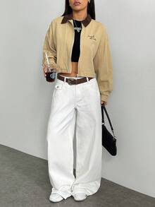 Elenzga Áo khoác denim ngắn cổ màu tương phản thường ngày, mùa thu - Màu Khaki - Xem 4