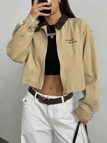Elenzga Áo khoác denim ngắn cổ màu tương phản thường ngày, mùa thu - Màu Khaki - Xem 1