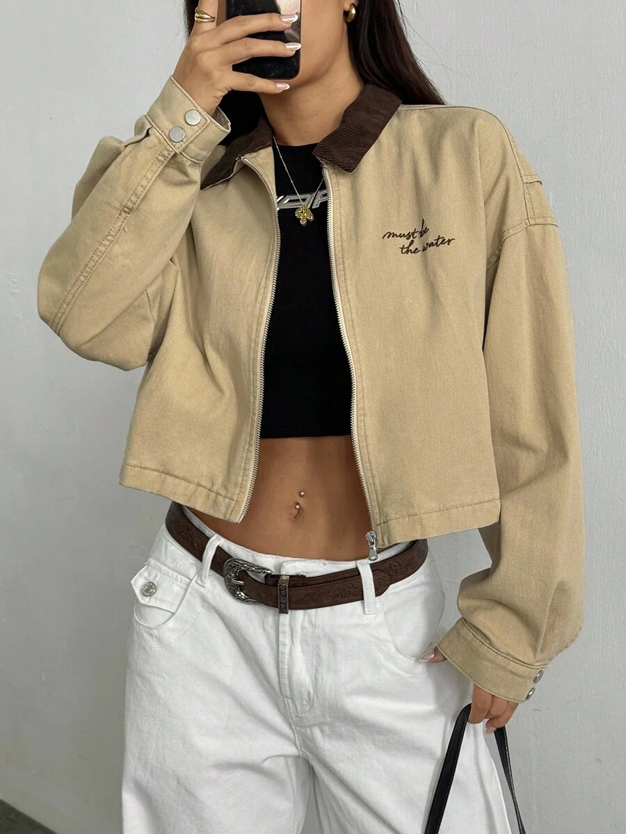 Elenzga Áo khoác denim ngắn cổ màu tương phản thường ngày, mùa thu - Màu Khaki - Xem 1