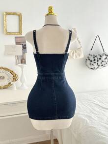 Elamini 女式单排扣拉链设计休闲牛仔连身裤 - 藍色 - 查看 2