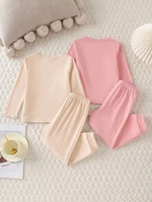 4件套女童休闲纯色长袖上衣和裤子家居服套装 - 彩色 - 查看 2