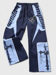 ROMWE MEN Street Life Men Contrast Color Patchwork Cross & Letter Graphic Loose Fit Sweatpants, Fall