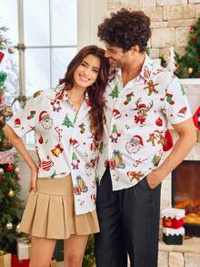 HIMLAND Men's 3D Digital Placement Santa Claus Print Casual Short Sleeve Polo Shirt Matching Pajama Couple Hawaiian For Couples Couple Set Hawaii Couple Matching Couple Matching Shirt, For Christmas